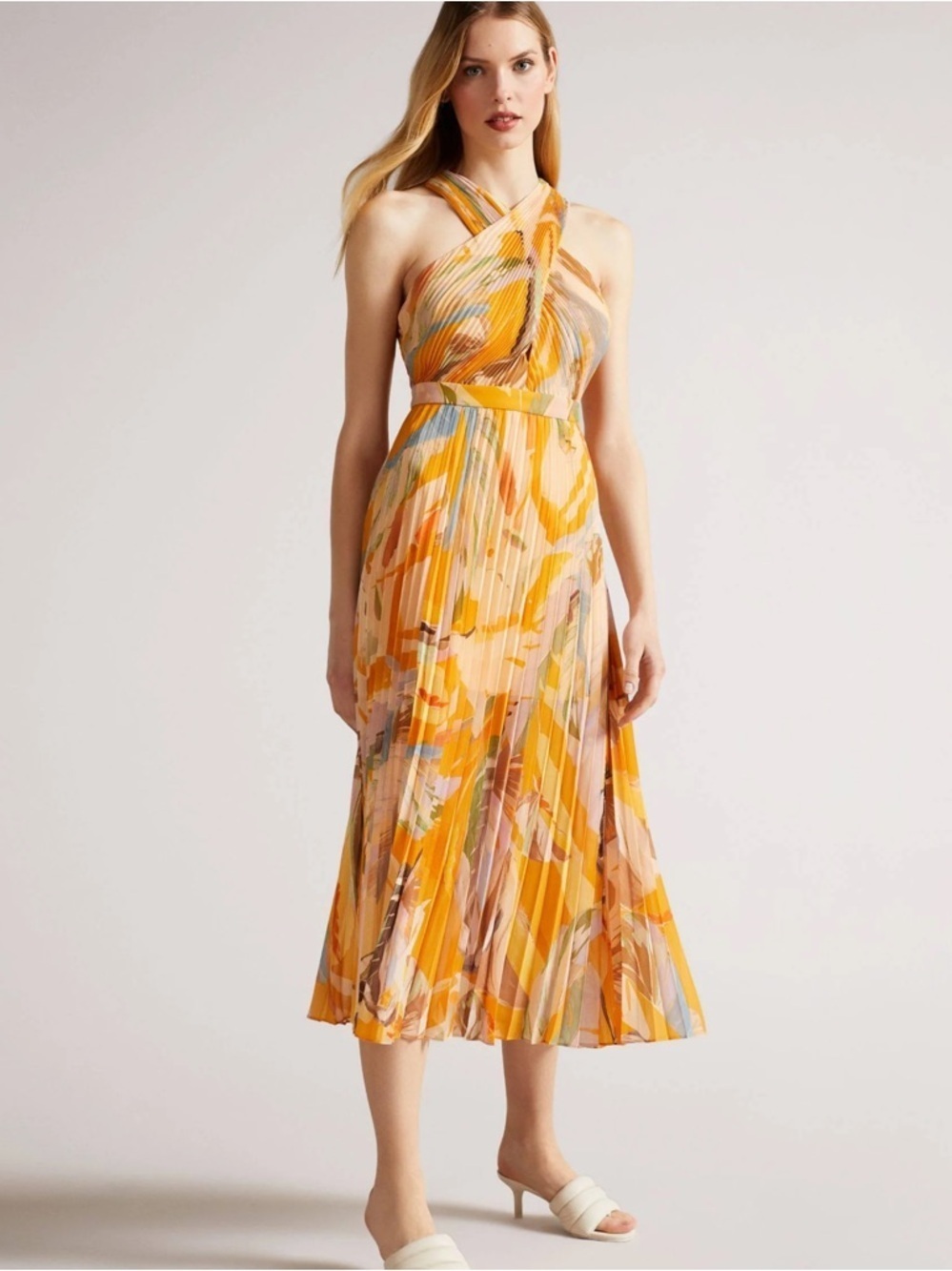 Ted Baker Ansa Cross front Midi Dress Women’s Size 8 Medium 3 Pleated Yellow X